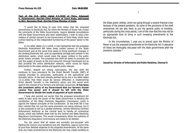 tamilnadu cm palanisamy PM Narendra modi letter 